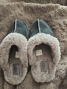 UGG Women's Black Suede Shearling Clog Slippers